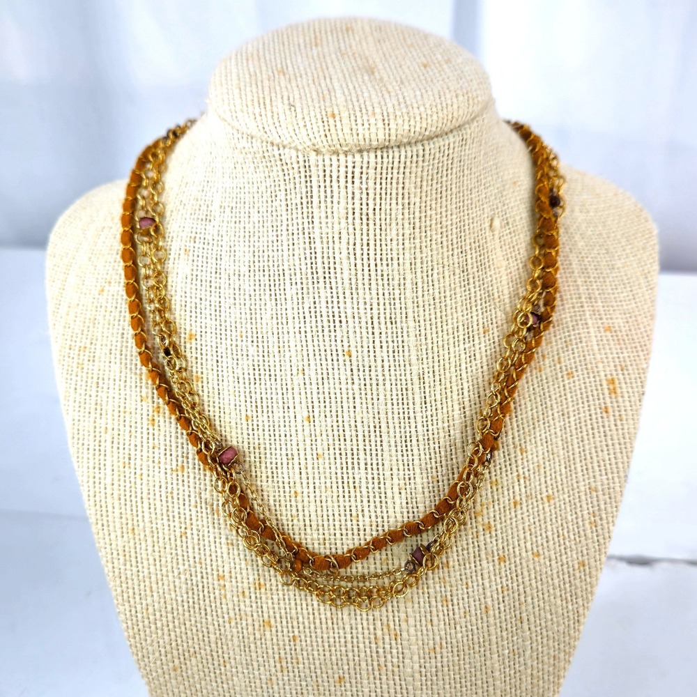 Gold Tone Multi Strand Layered Chain Necklace Suede Tigers Eye/ Pink Stone Beads